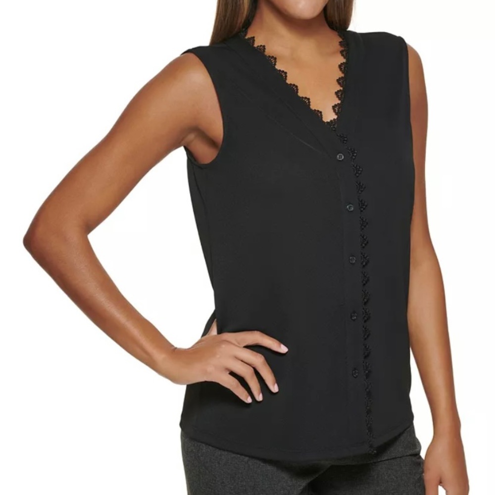 Sleeveless Black Lace-Trim V-Neck Blouse